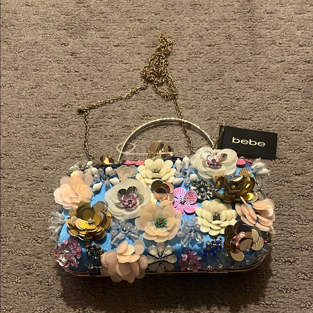 bebe Floral Embellished Clutch with Chain Strap